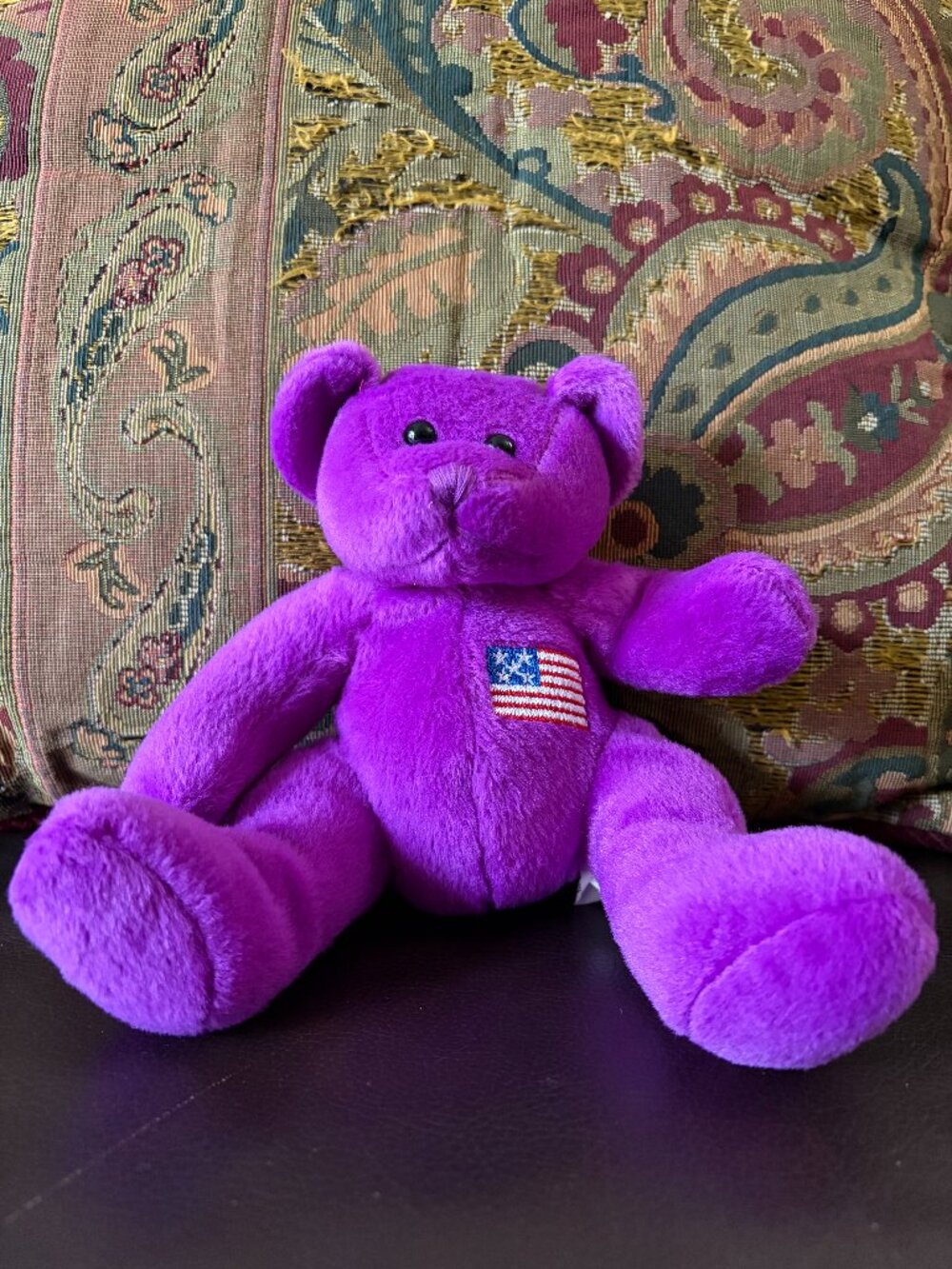 purple teddy bear with an American flag beanbag plush, 6 inches